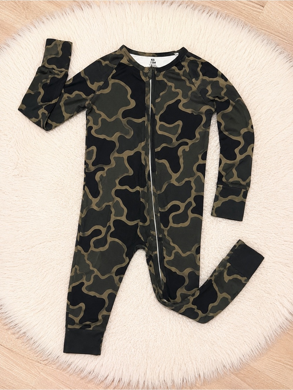 Camo Zip-Front Kids Footie - Olive/Black